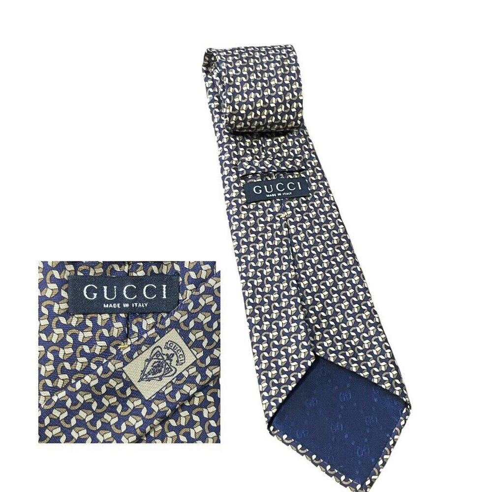 Gucci Modern Neck Tie Italy Made Geometric Ribbon AOP Navy Blue Men